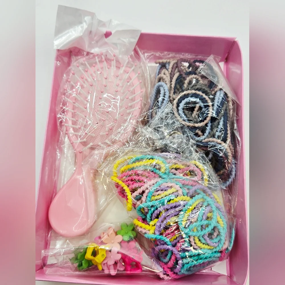 Girls Hair Accessories Gift Set Brush Clips Elastics Styling Kit Pink Box Kids